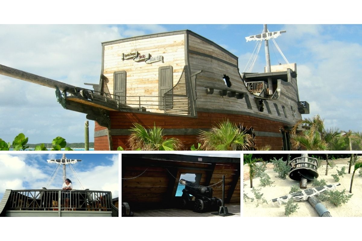 Autora explorando o Captain Morgan Ship em Half Moon Cay.
