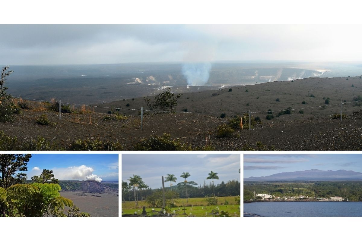 Paisagem do Parque Nacional dos Vulcões em Hilo, mostrando áreas vulcânicas e trilhas