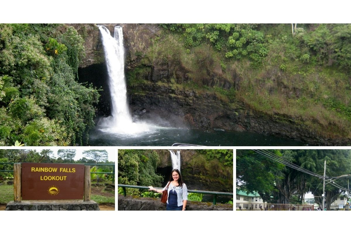 Autora visitando a Rainbow Falls em Hilo, admirando a cachoeira e a vegetação tropical ao redor
