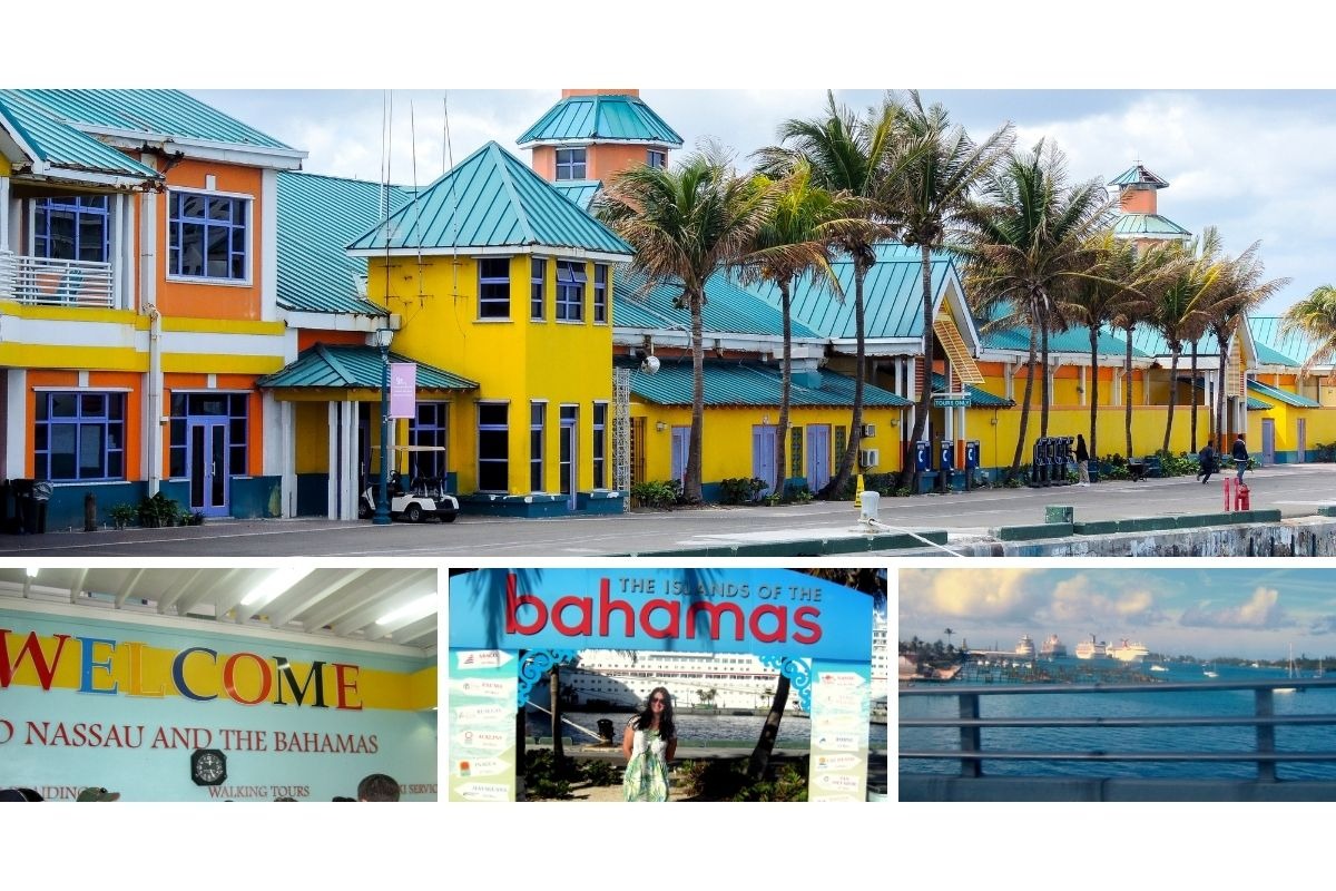 Autora em Nassau, Bahamas, com cores e paisagens da cidade e navios de cruzeiros ao fundo