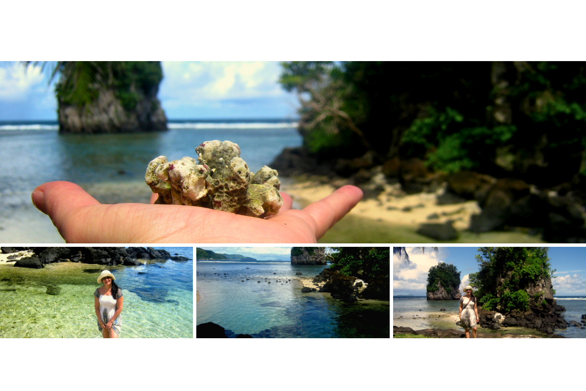 Autora visitando o Fatu-ma-Futi, com ângulo que destaca o icônico cartão-postal de Pago Pago e o mar azul ao redor.