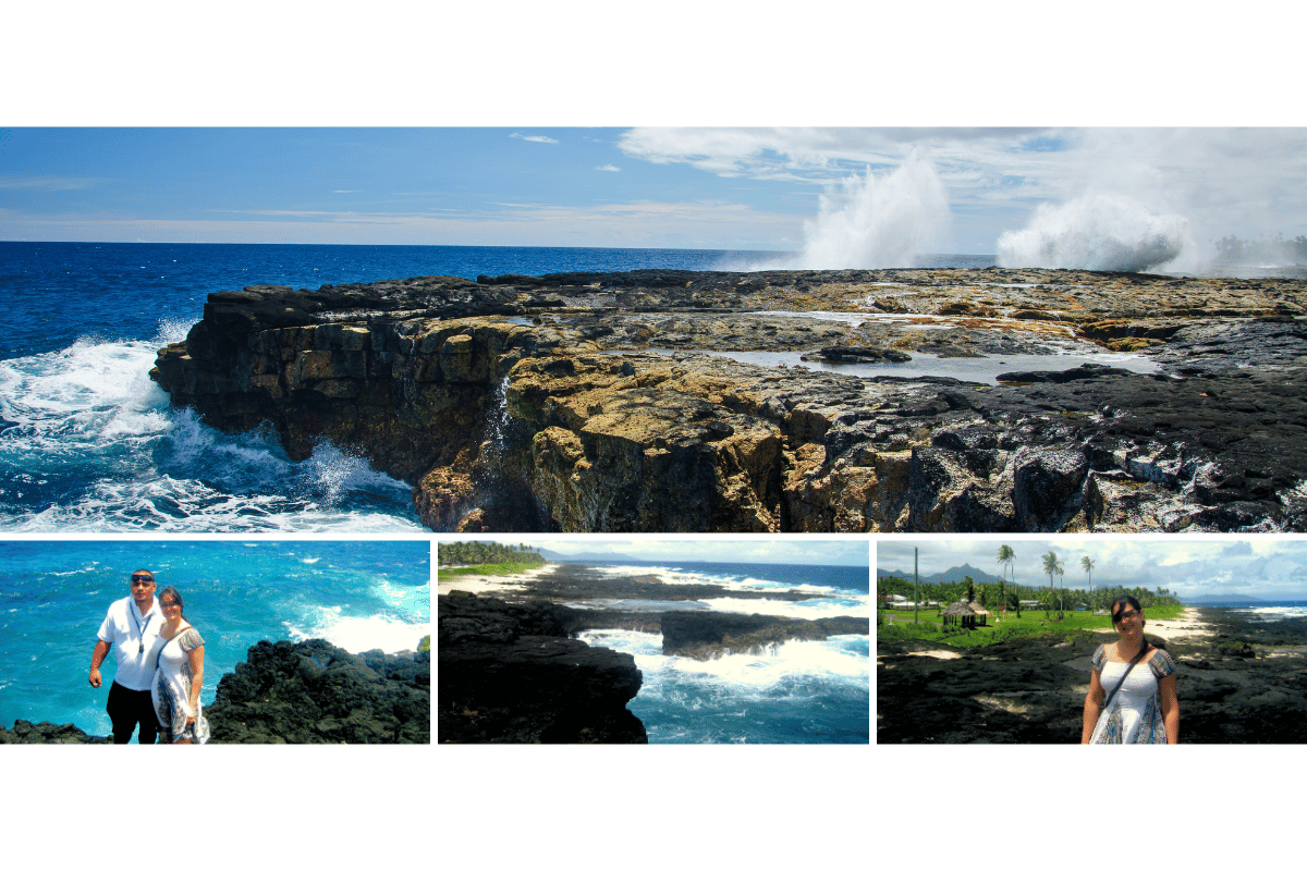 Autora e guia observando os Blowholes de Alofaga, com o mar agitado e a força da natureza ao fundo em Pago Pago.