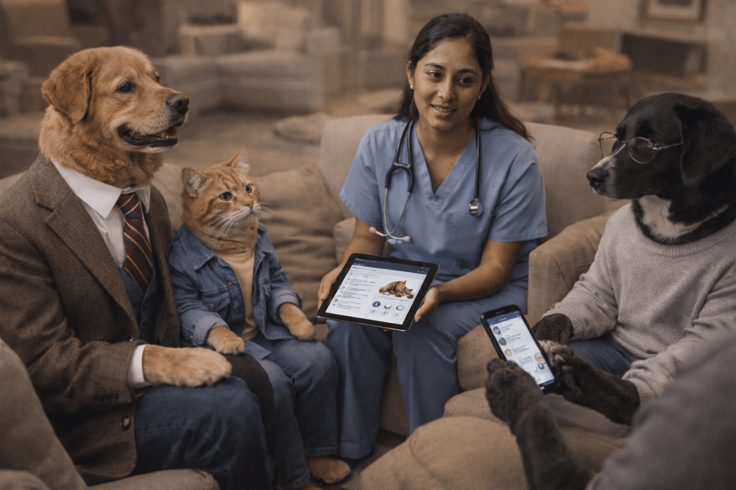 A veterinarian shows a digital pet health tablet to a dog and cat dressed in human clothes.
