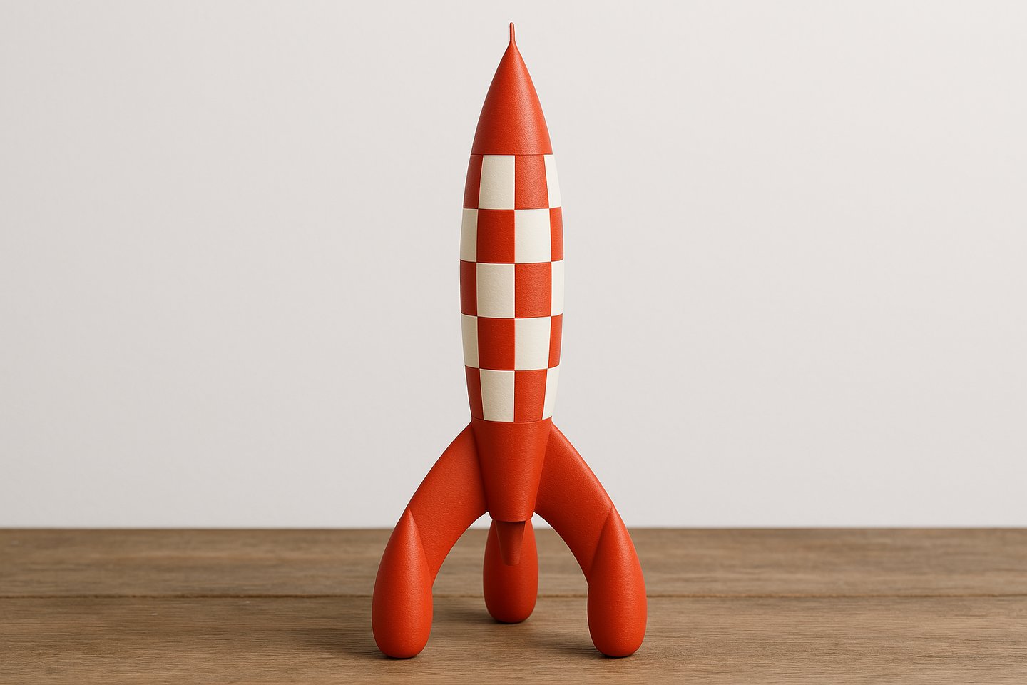 Fusée rouge et blanche inspirée de Tintin, imprimée en 3D, posée sur une surface en bois avec un fond blanc.