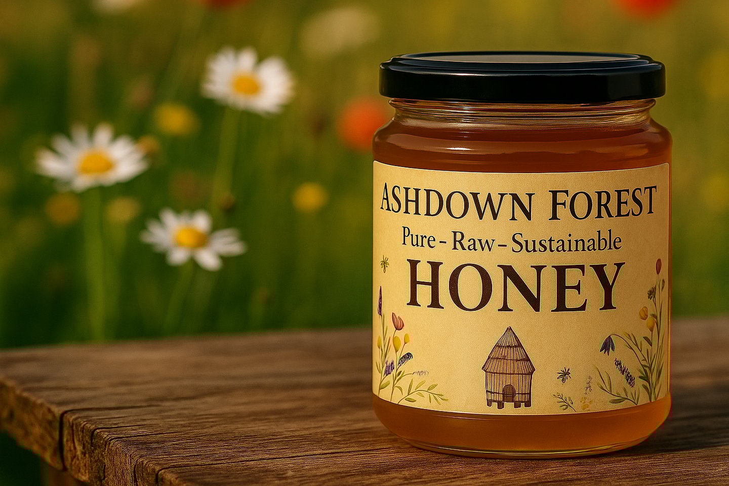 Jar of Ashdown Forest Honey on a table