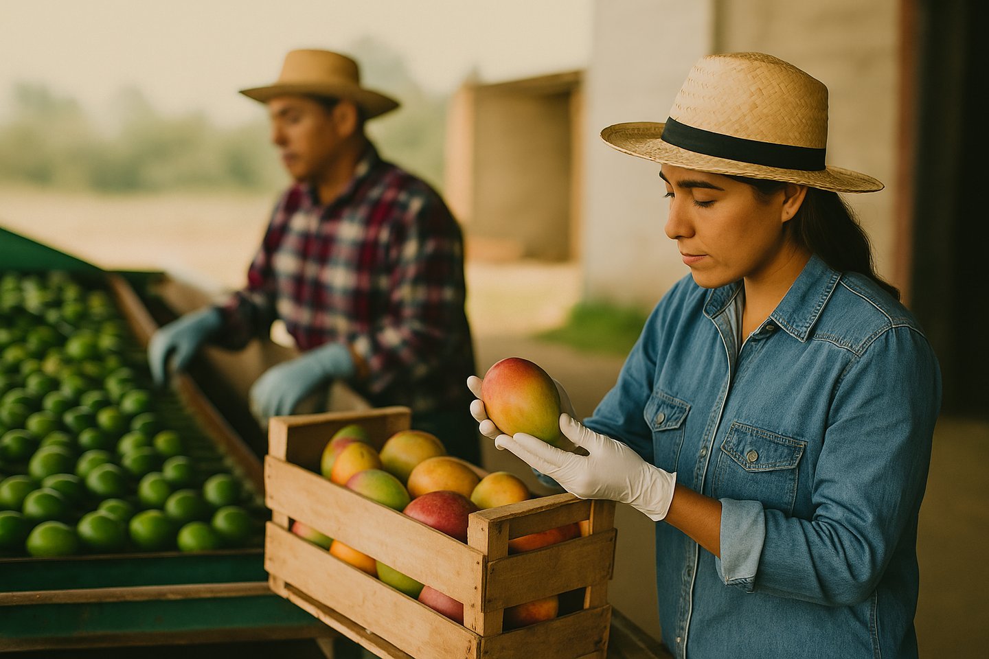 a woman in a hat and gloves holding a box of mangos