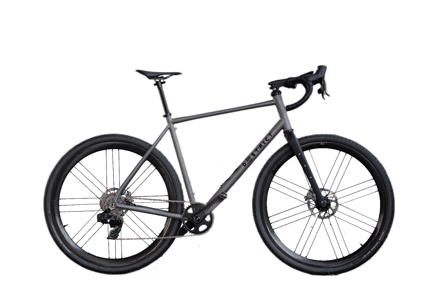 Custom travel titanium gravel bike with carbon wheels and electronic shifting drivetrain Dystrict.
