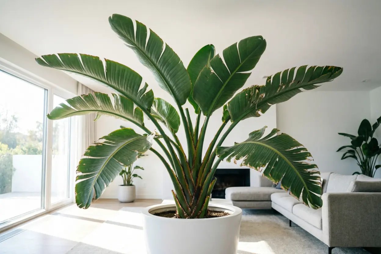Ave del Paraíso Gigante (Strelitzia Nicolai) con hojas grandes en un salón luminoso.