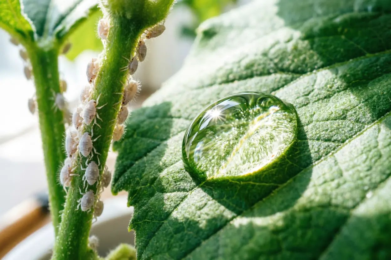 Gotas pegajosas y brillantes (melaza) en una hoja verde, síntoma de plagas.