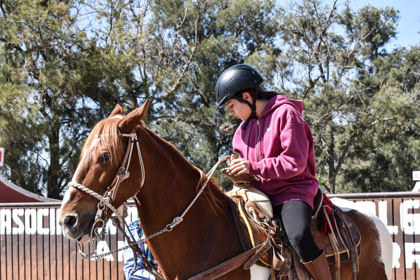 a woman riding a horse in a fenced in area