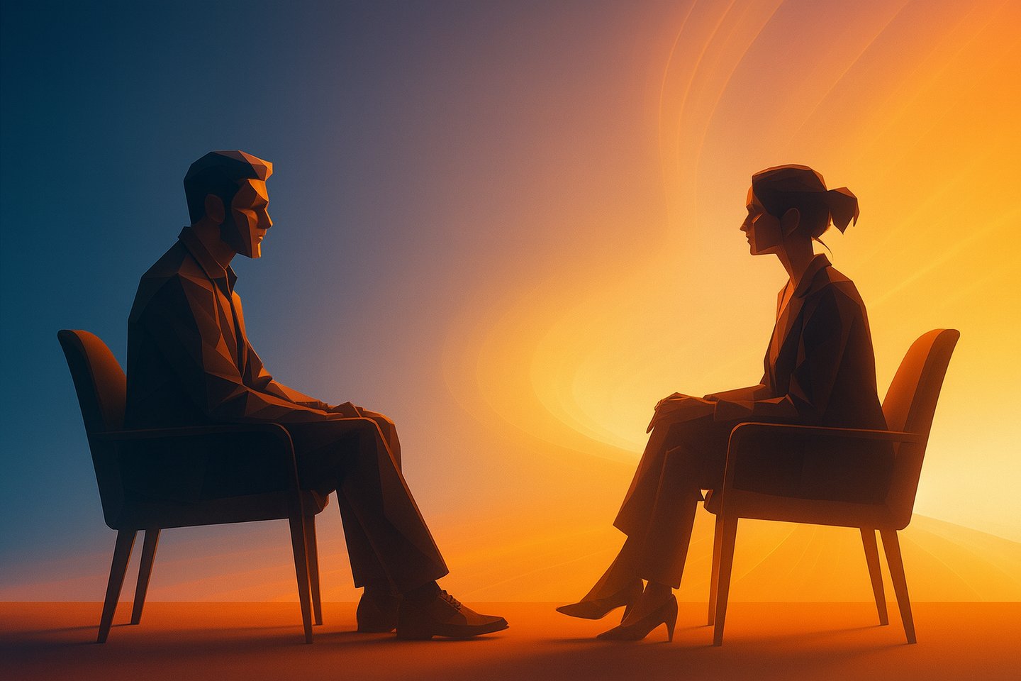 Un homme et une femme assis face à face ambiance couché de soleil