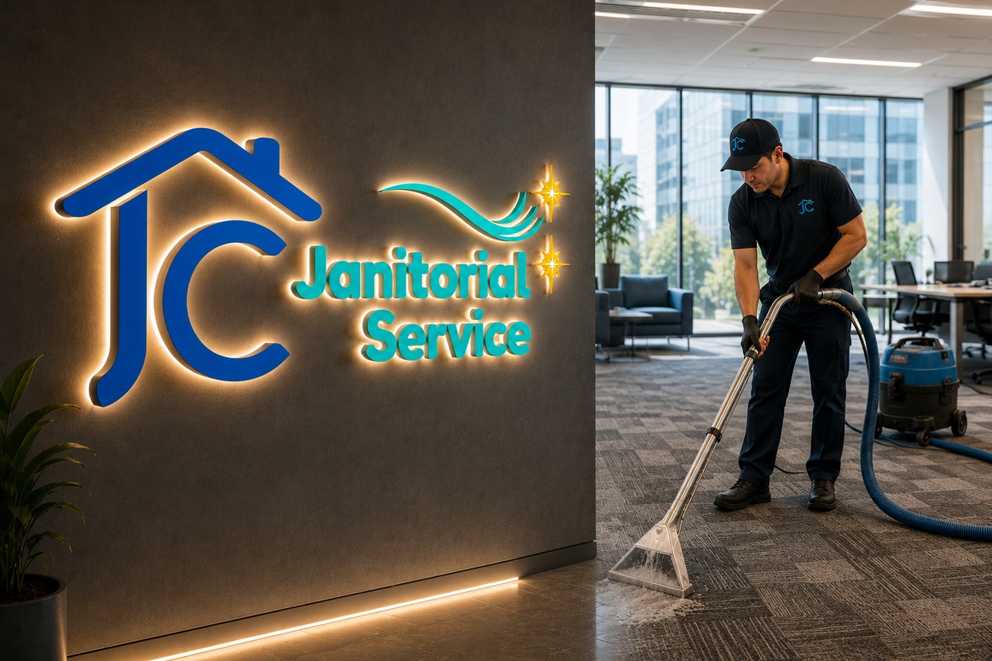 Professional janitor vacuuming office carpet near a glowing JC Janitorial Service company logo.