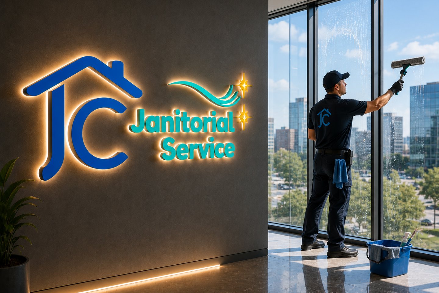 Professional janitor cleaning high-rise office windows next to a backlit JC Janitorial Service company logo.