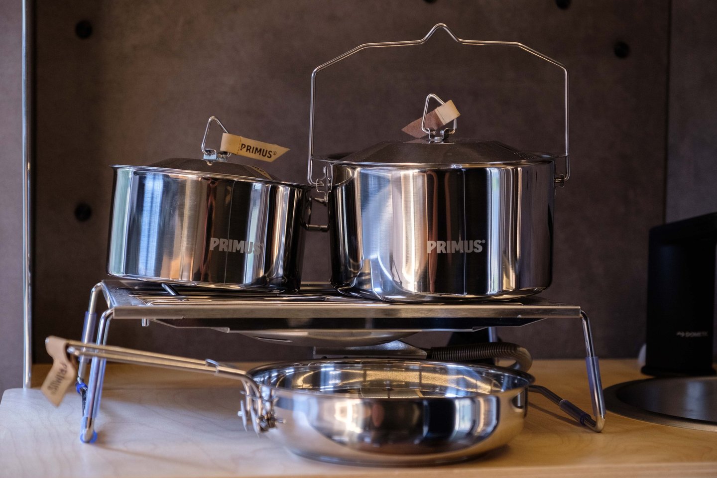 Stainless steel Primus camping cookware.
