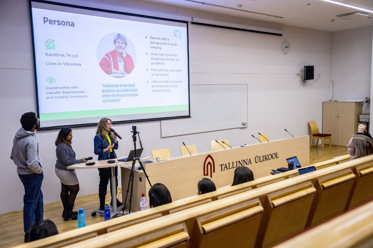 Троє дослідників з презентацією проєкту на фоні. Слайд з описом персони користувача