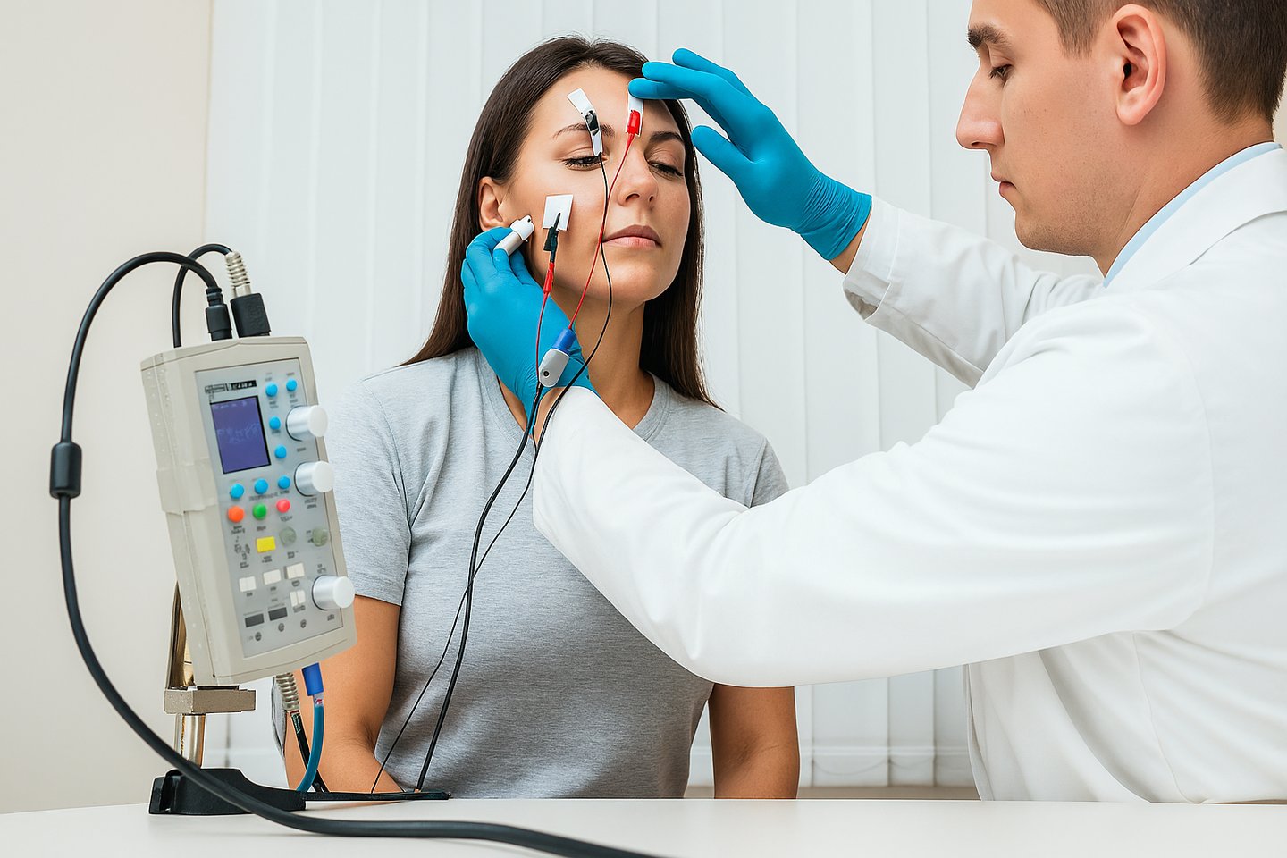 Uma moça fazendo o exame Vectoeletronistagmografia (VENG)