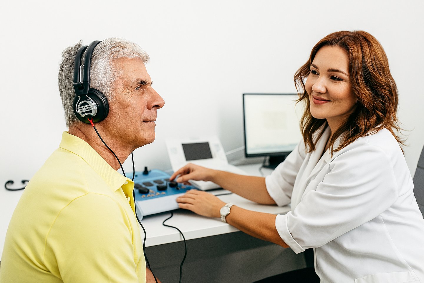 Um senhor fazendo o exame Imitanciometria