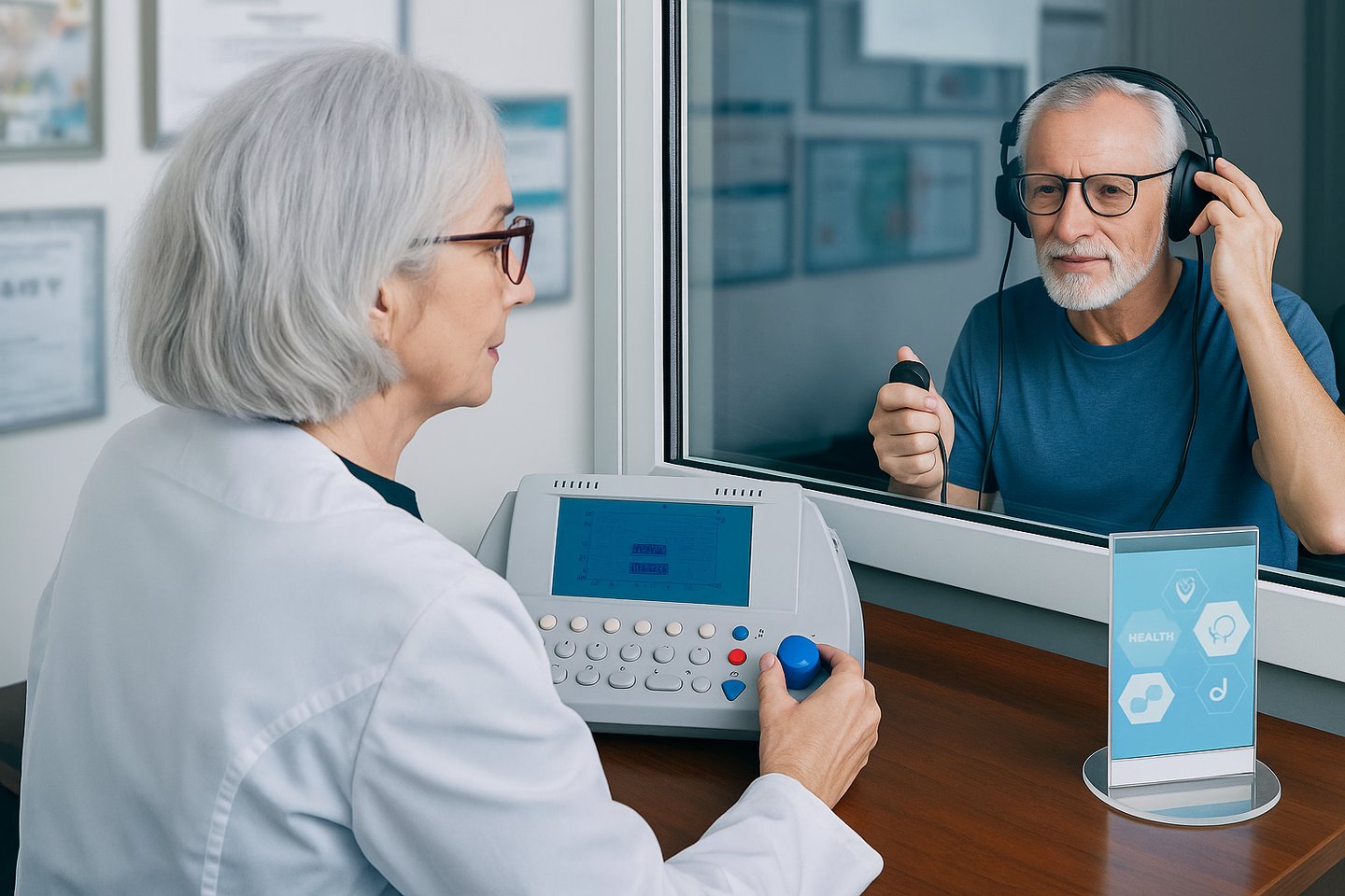 Senhor fazendo exame de audiometria vocal