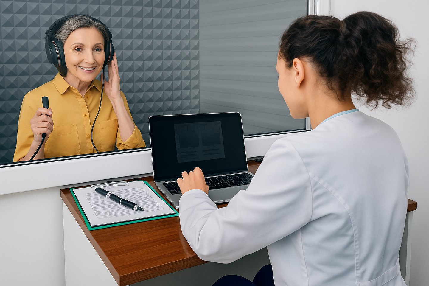 Senhora fazendo exame de audiometria tonal