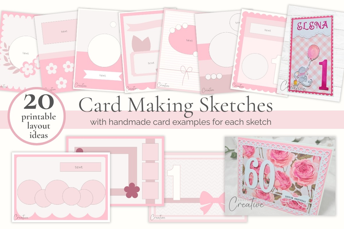 Collage of pink card-making sketches and samples. Includes floral and circular designs with text spa