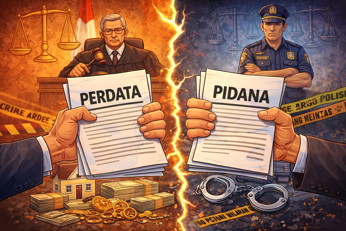 Comparison of Indonesian civil law (Perdata) and criminal law (Pidana) with judge and police officer.