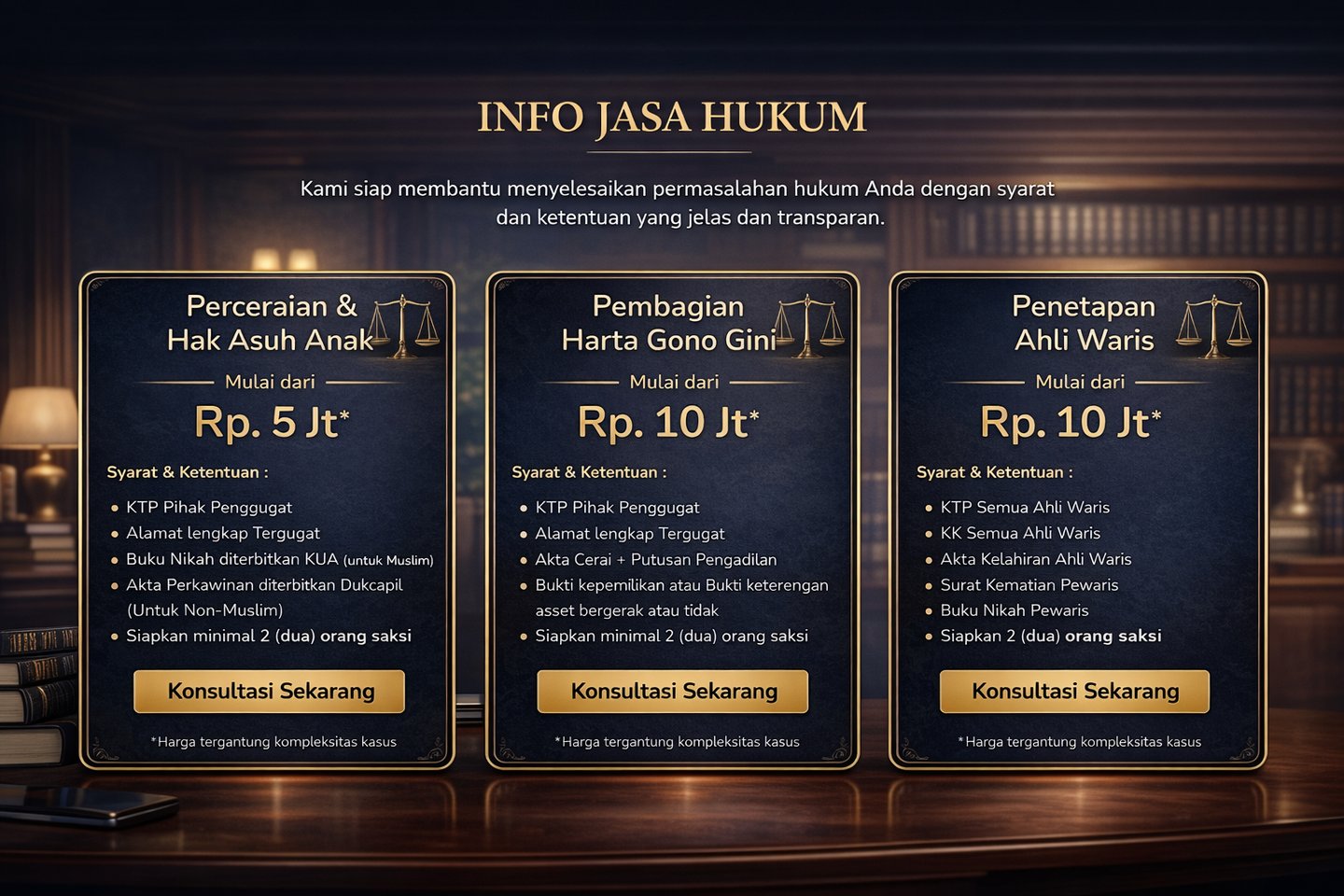 Daftar harga jasa hukum pengacara untuk perceraian, pembagian harta gono gini, dan penetapan ahli waris.