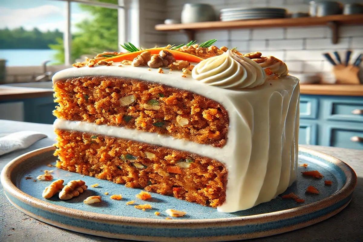 Harvest Carrot Cake with Applesauce, a moist, spiced cake made with fresh carrots.