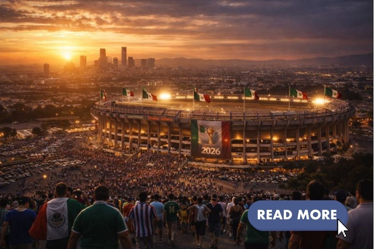 Estadio Azteca in Mexico City during a World Cup atmosphere, fans arriving for a major football matc