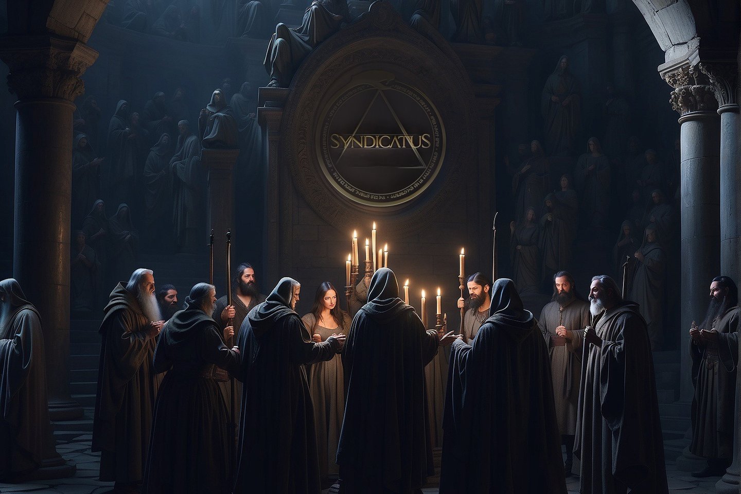 a group of people standing around a table with candles syndicatus token crpyto blockchain