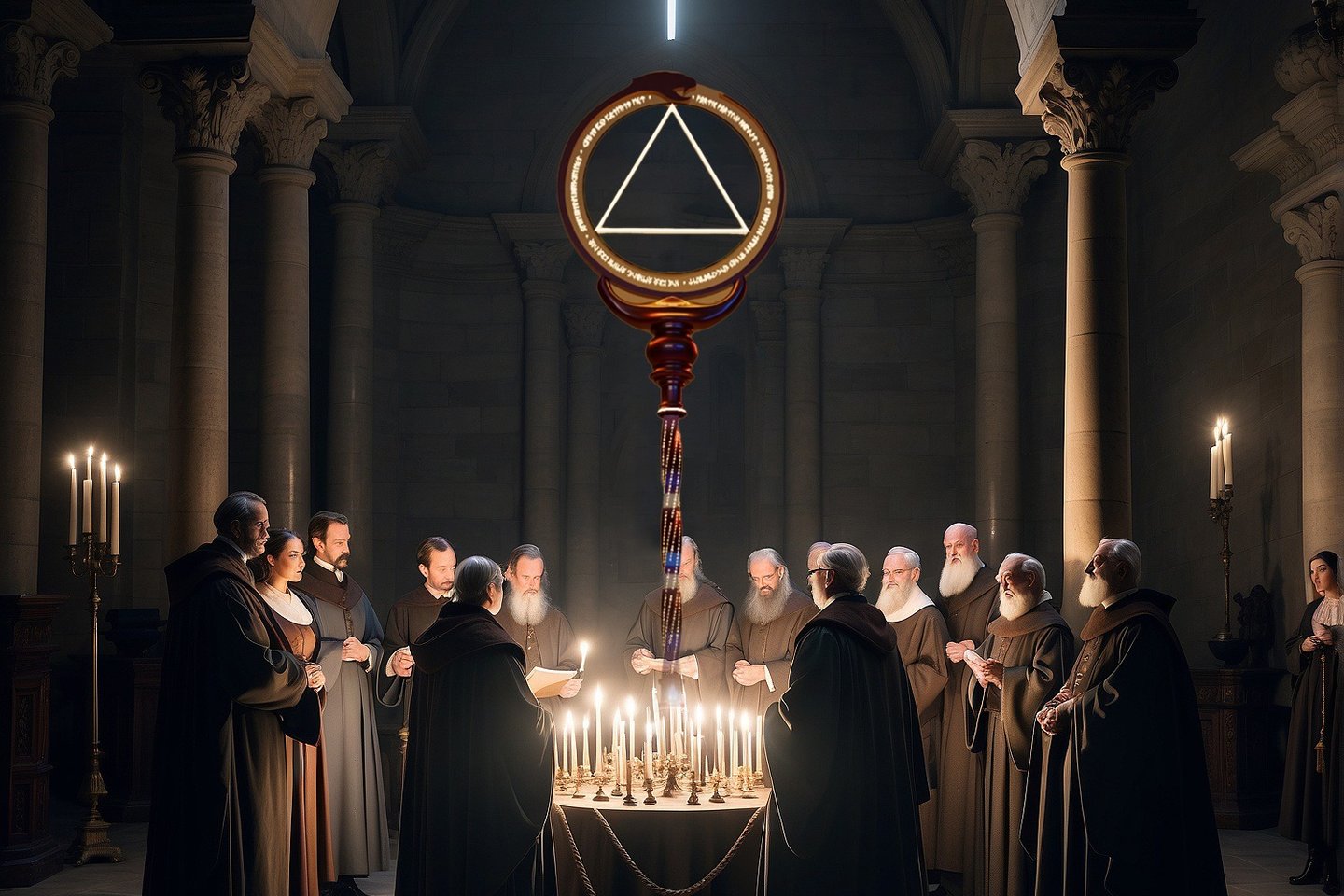 a group of people standing around a table with candles syndicatus token key crypto blockchain meme