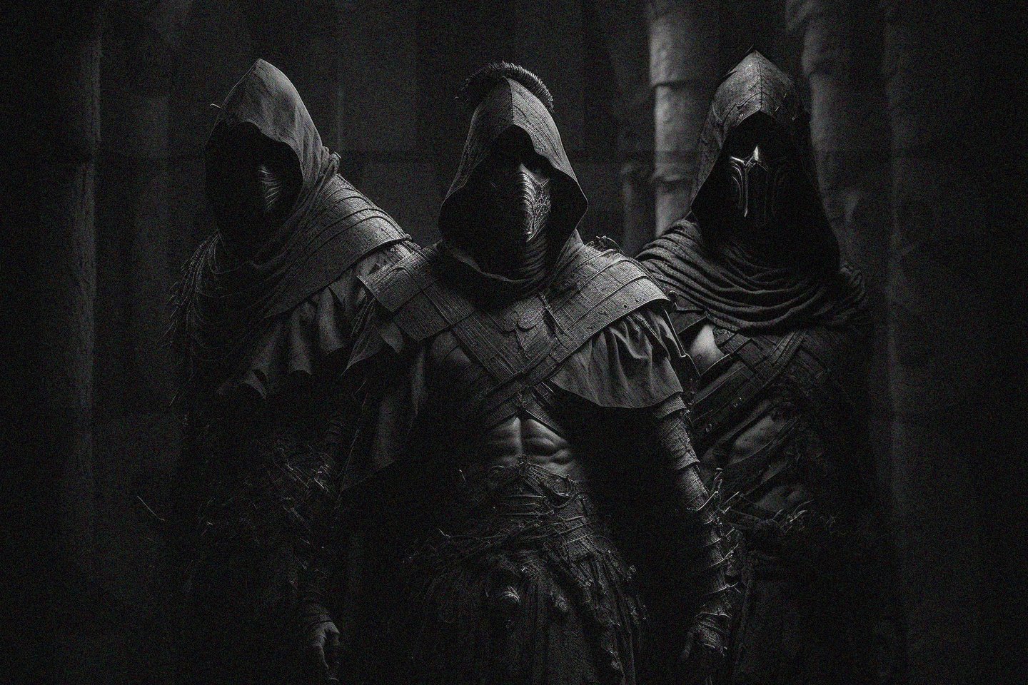 three men in black and white robes standing in a dark room