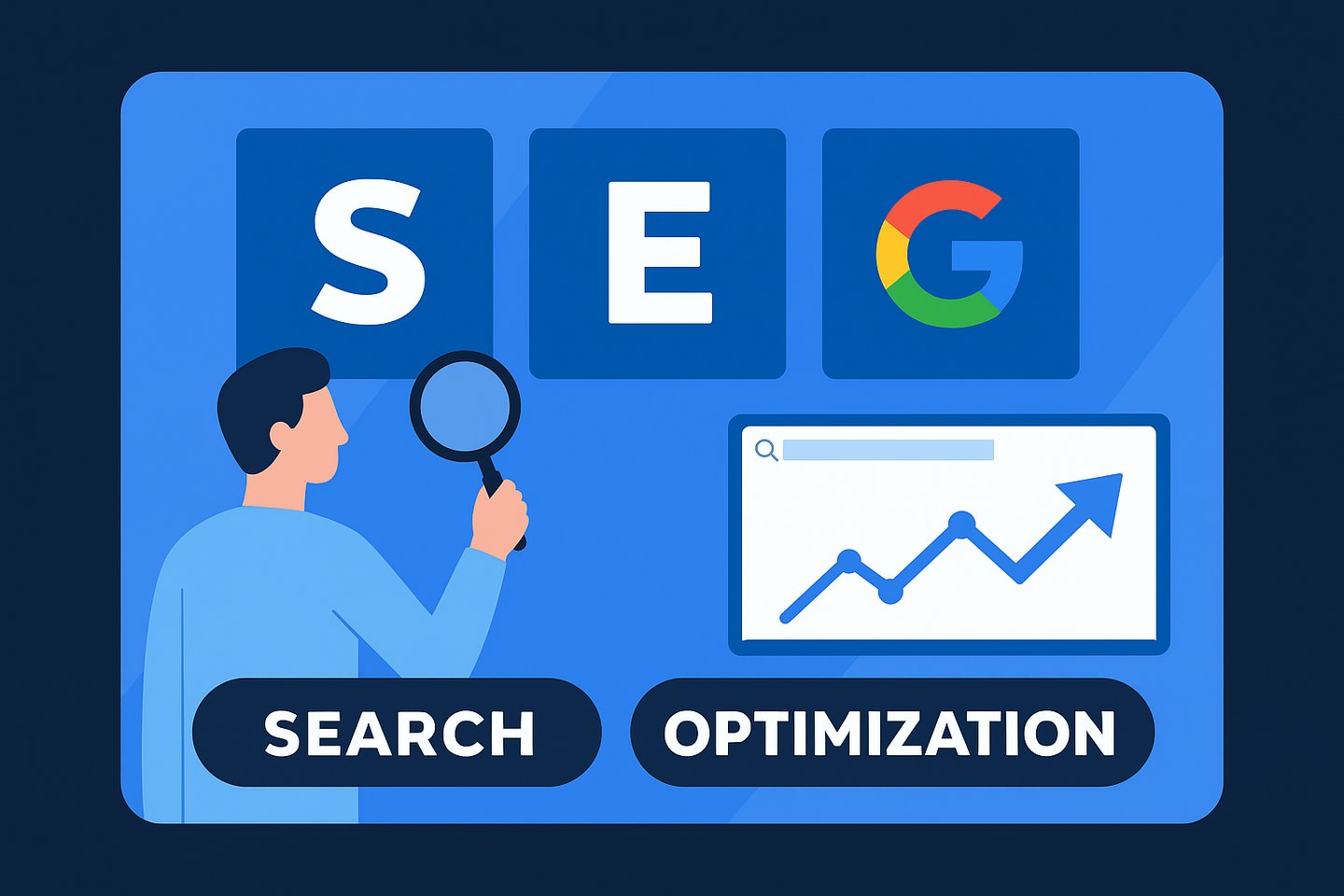 Flechas apuntando hacia el logotipo de Google SEO con íconos de búsqueda y optimización