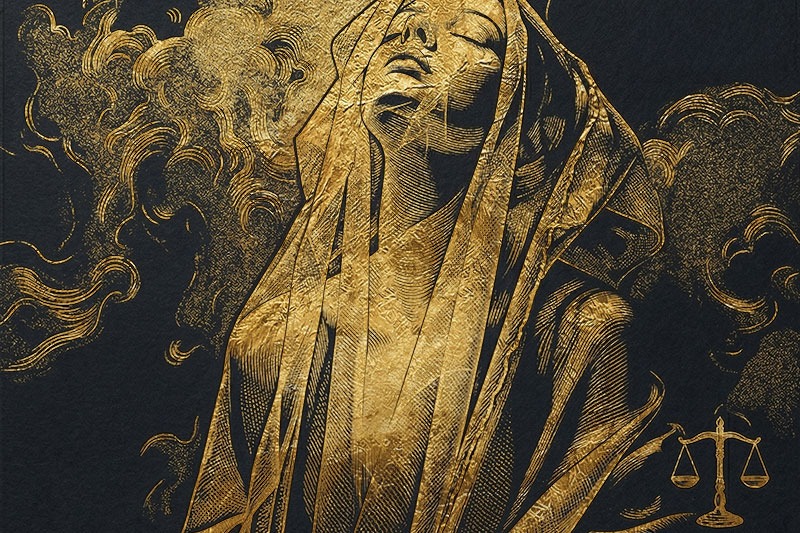 Golden etched artwork of a cloaked woman with eyes closed and a justice scale icon.
