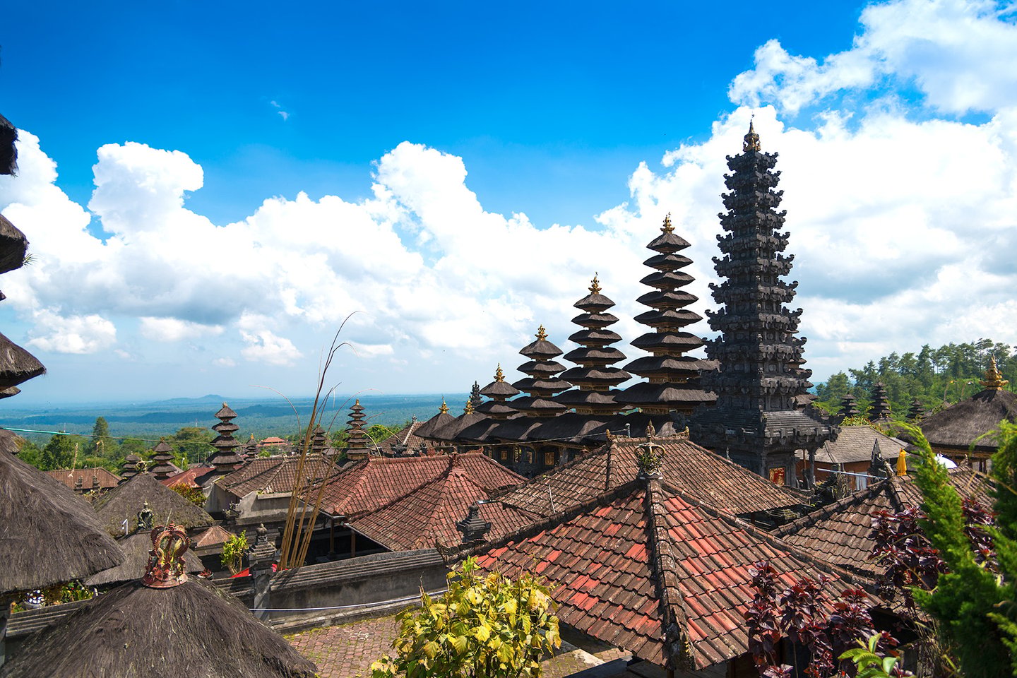 Panoramic view of Besakih Temple courtyards with intricate stone carvings and shrines