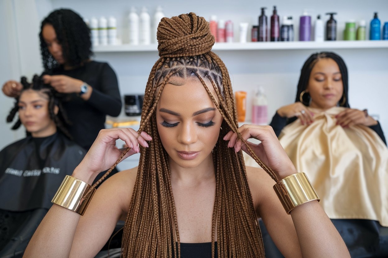 A well-lit, close-up shot of a woman with waist-length, sleek knotless braids styled into a half-up, half-down bun, with gold
