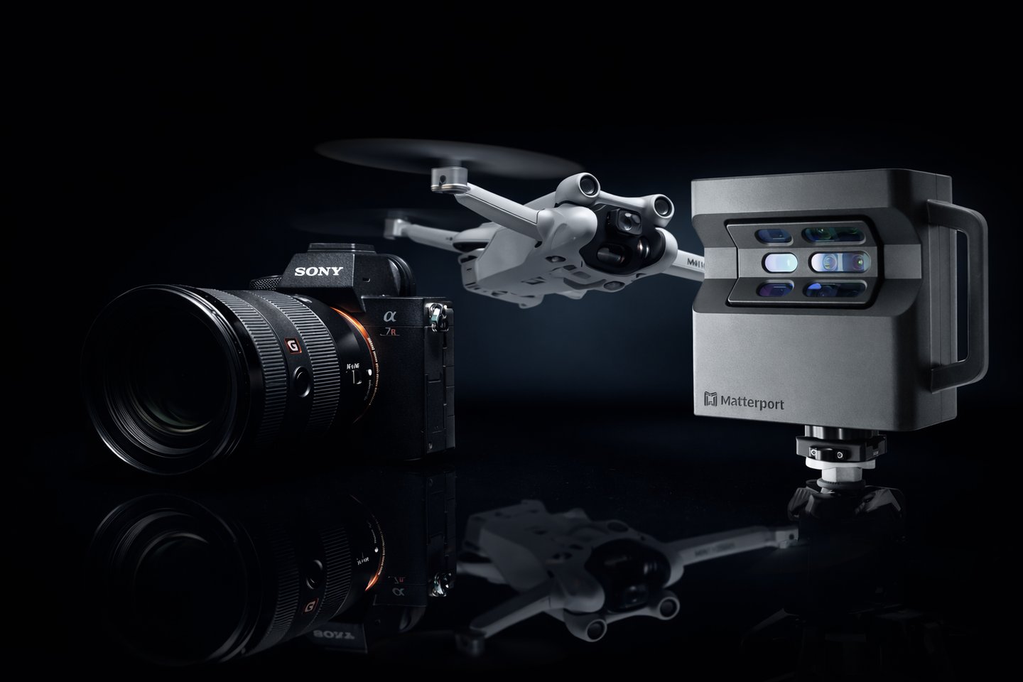 Professional photography equipment featuring a Sony Alpha camera, DJI drone, and Matterport 3D scanner.