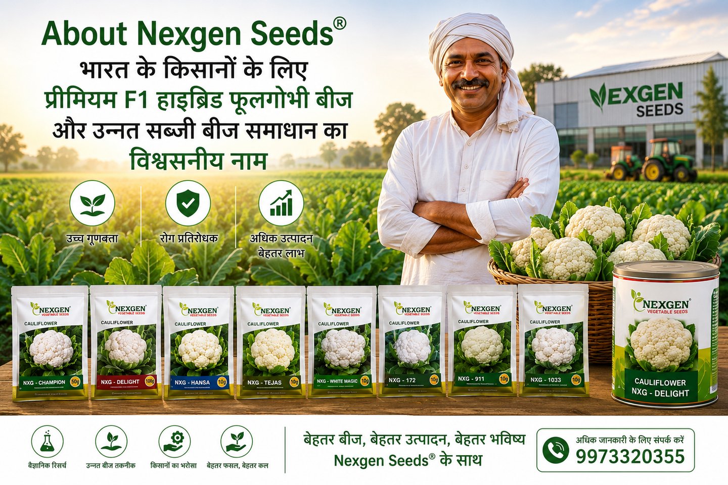 Smiling Indian farmer standing with Nexgen F1 hybrid cauliflower seeds and fresh vegetables.