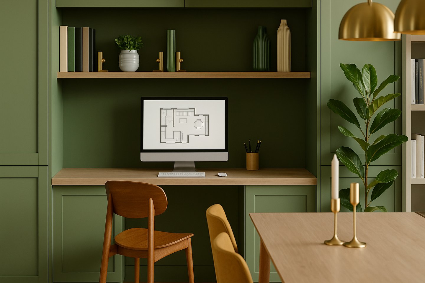 Escrivaninha sob medida em tons verdes, criando um ambiente de home office lindo, autentico
