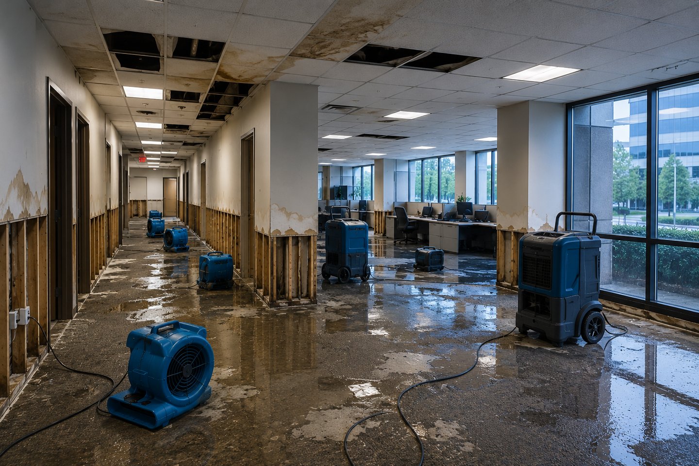 Commercial office building water damage restoration with structural drying equipment and flood clean