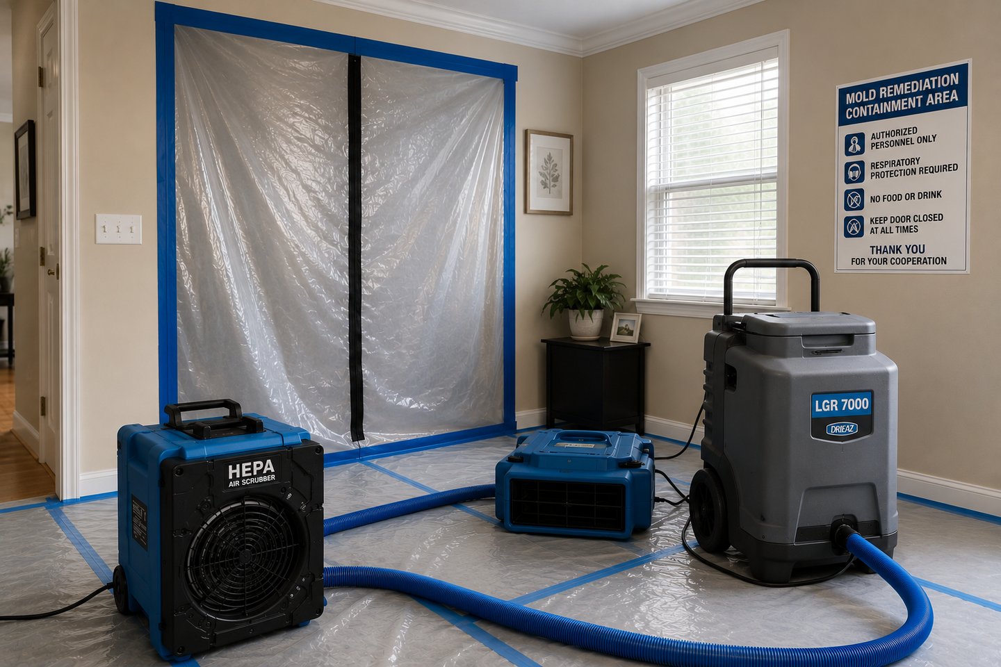Professional mold containment area with HEPA filtration equipment