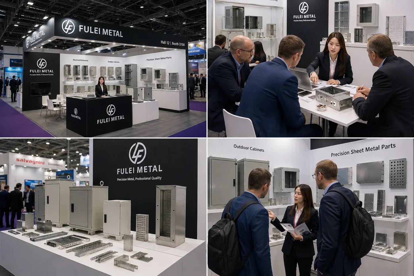 Fulei Metal exhibition booth showcasing precision sheet metal parts and custom outdoor electrical enclosures.