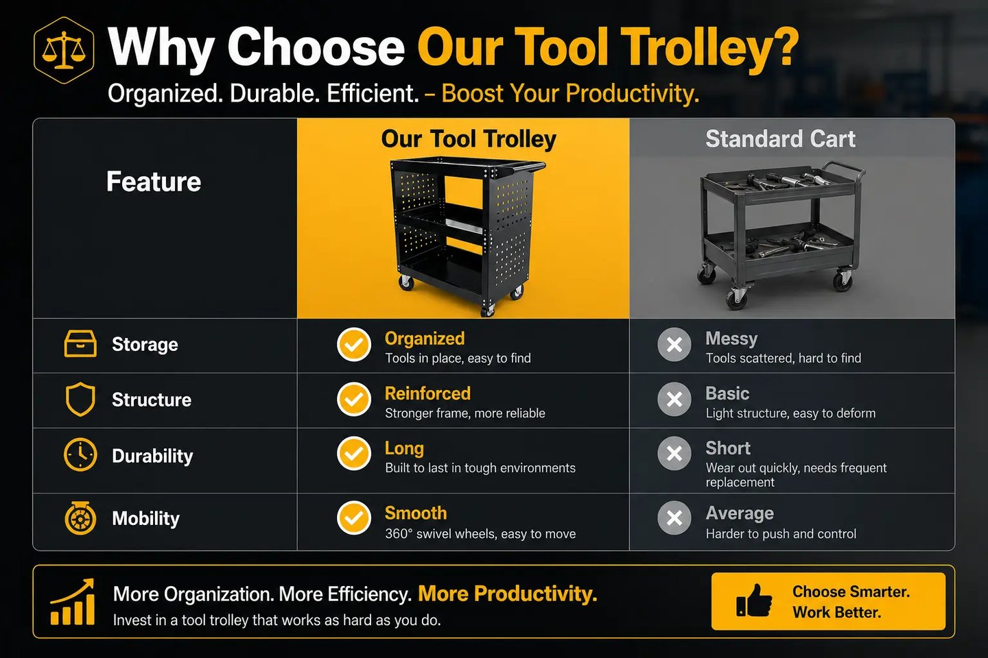 A comparison chart showing features of a black heavy-duty tool trolley versus a standard cart for workshop storage.
