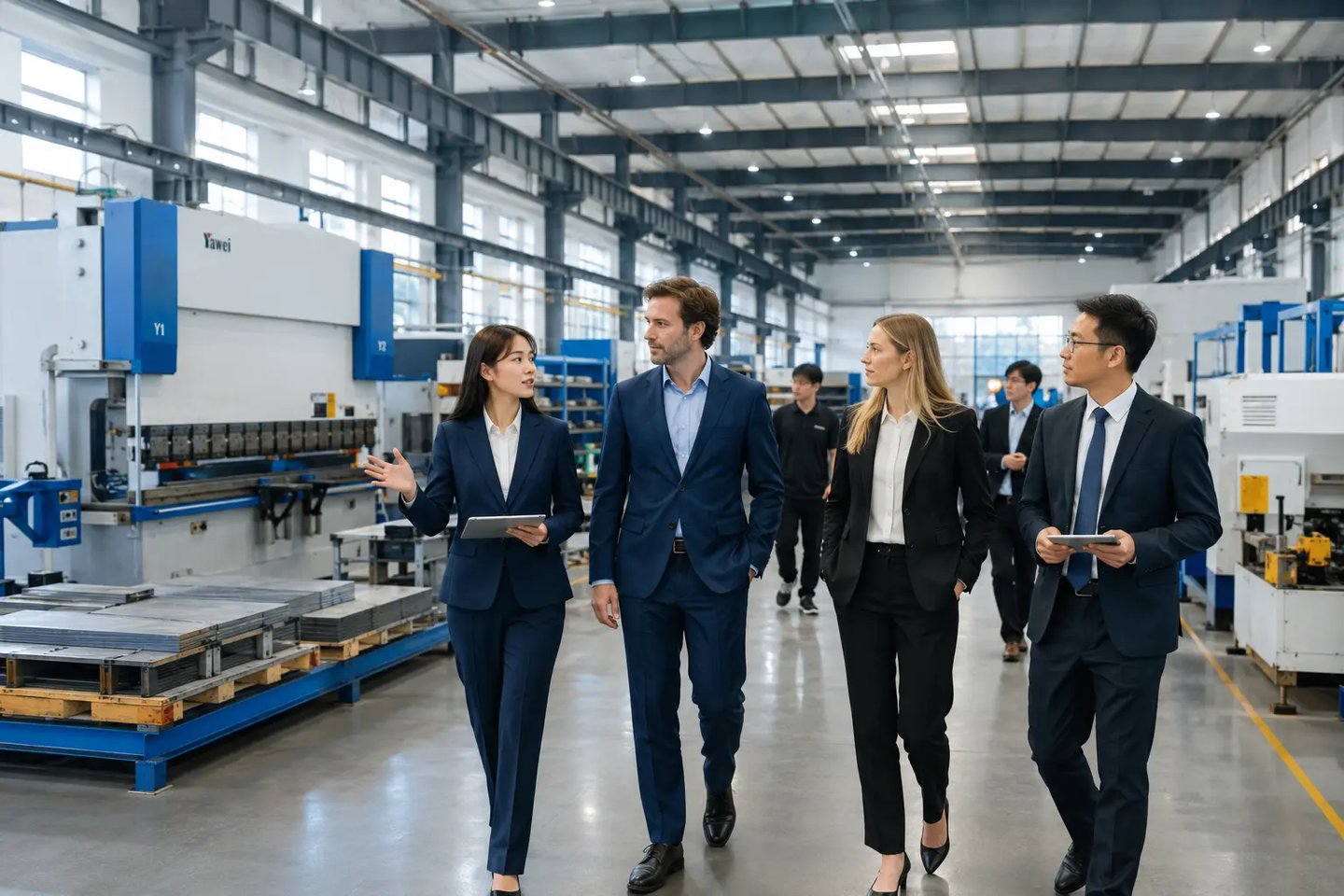 Business executives in suits walking through a modern manufacturing plant and industrial factory.