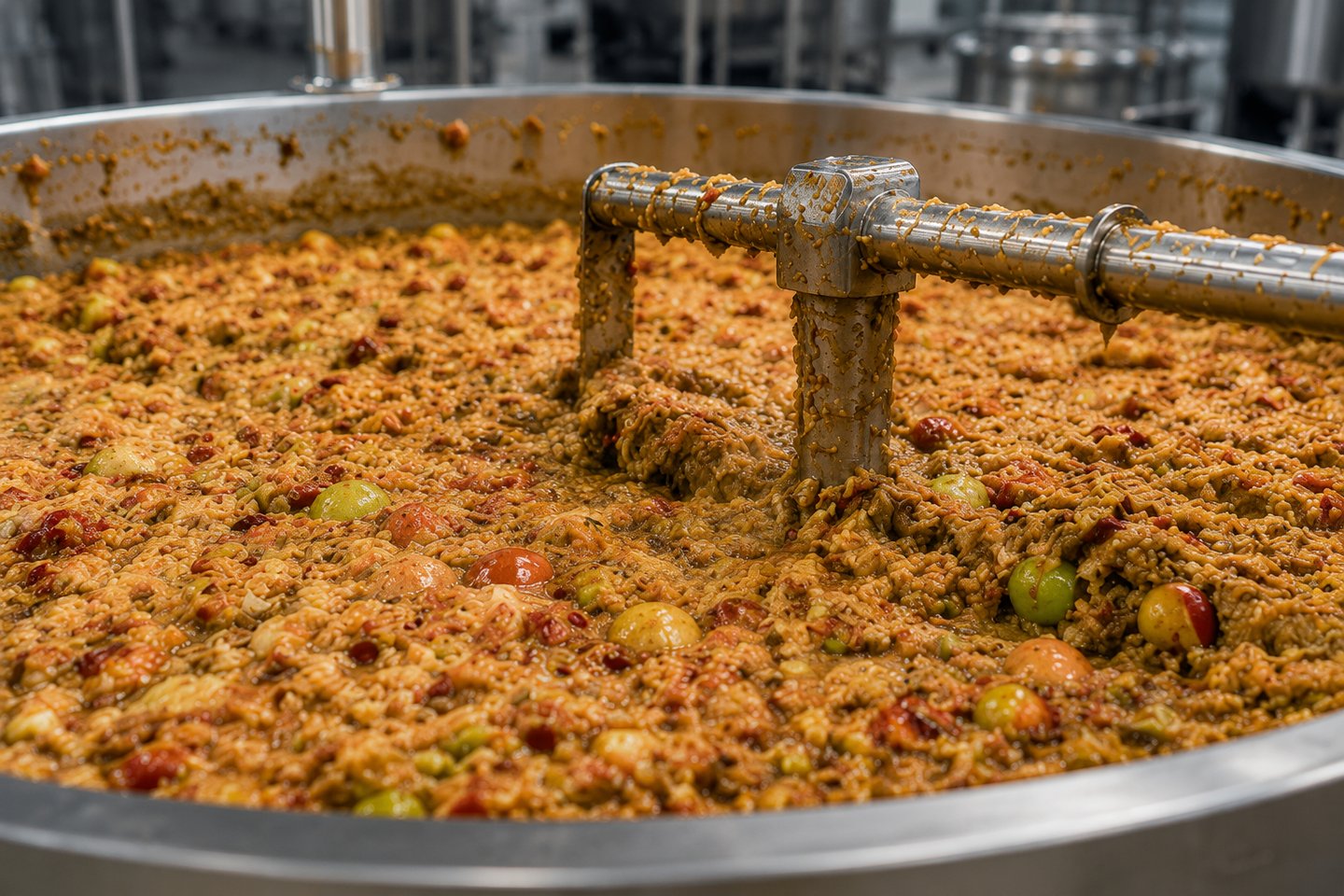 Industrial fruit mixer processing a thick apple pomace in a stainless steel vat.