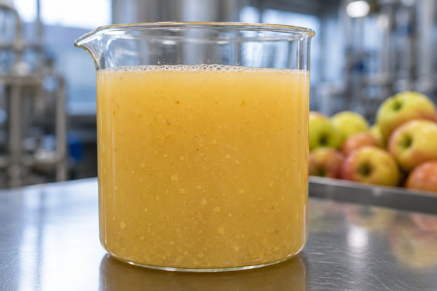Freshly pressed unfiltered apple cider in a glass beaker during the juice production process.