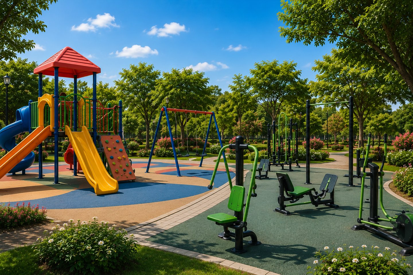 Outdoor community park with colorful children's playground equipment and green outdoor gym fitness machines.