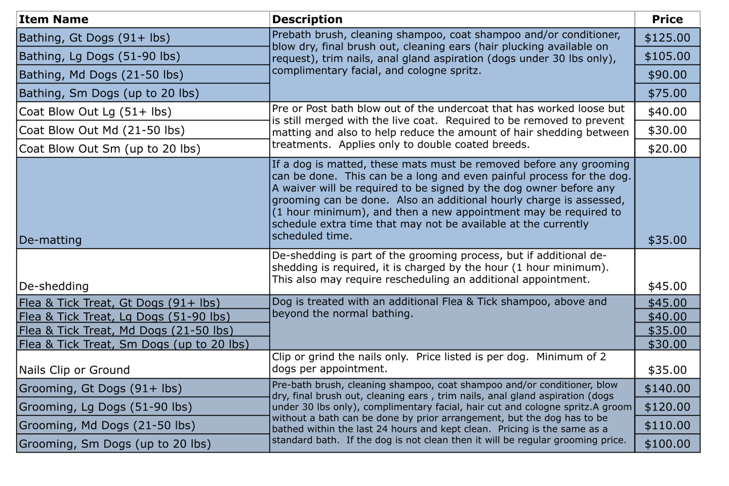 Bathing prices, depending on size, ranging from $75-$125, full grooms ranging from $100-$140 
