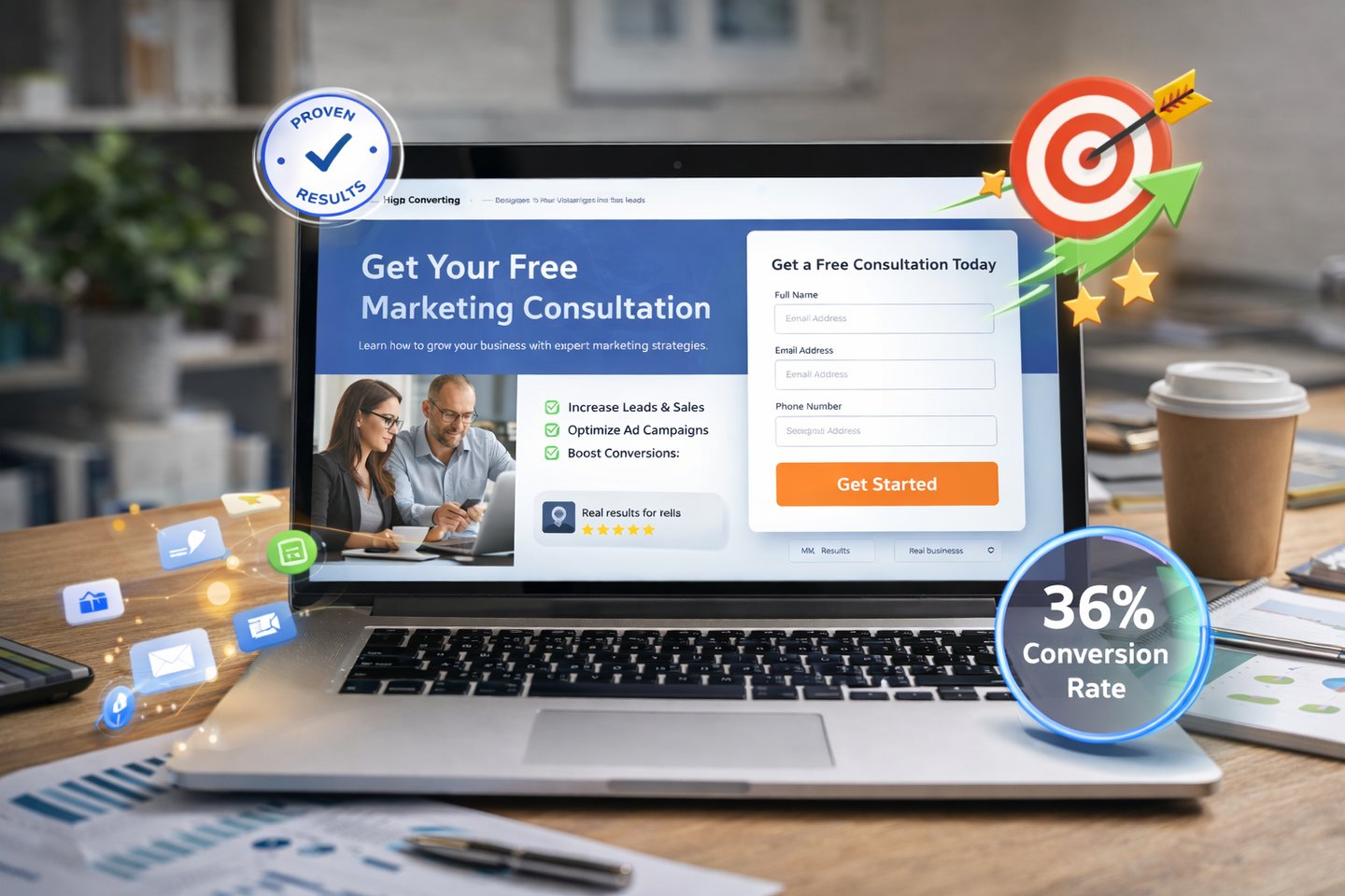 High converting landing page design displayed on laptop showing optimized lead generation form, call