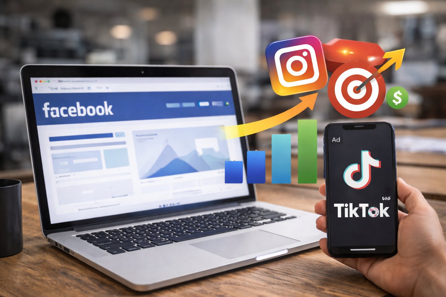 Social media paid advertising campaigns displayed on laptop and smartphone showing lead generation 