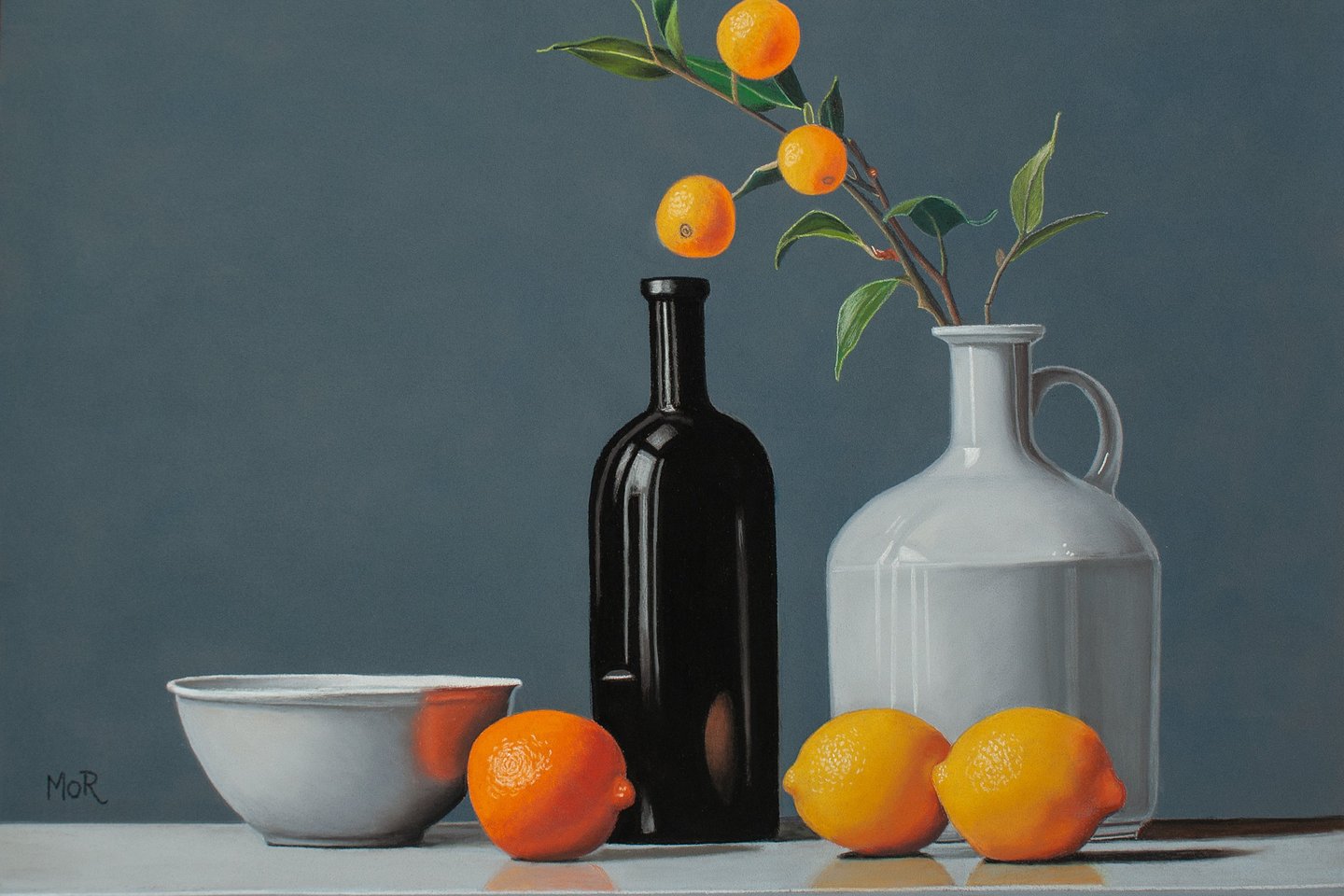 a still life painting of a vase with oranges and a vase